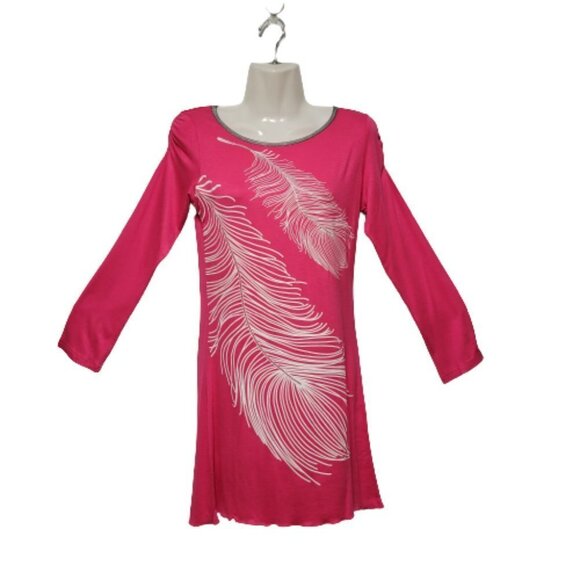 LONG Sleeve Pink Mini Dress Tunic Top  Sequin Embellished White Feather Motif - Picture 1 of 12